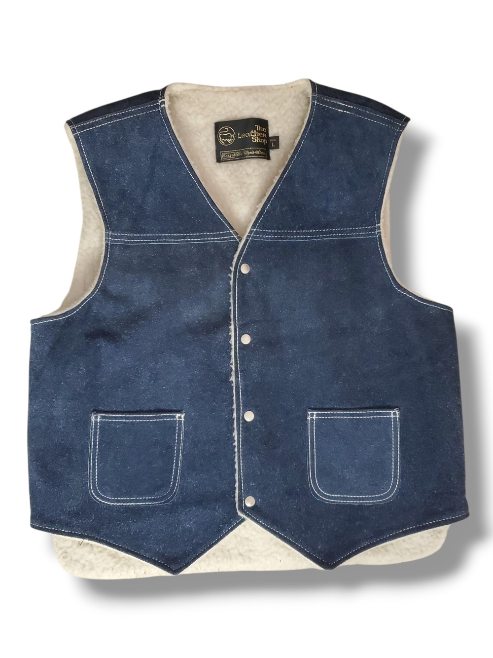 Vintage 70s Sears The Leather Shop Suede Shearling Vest Blue Western Boho L